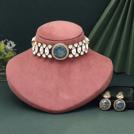 Turquoise Blue Color Choker American Diamond Necklace Set With Bold Styling - Preyans.com