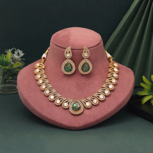Bright Green Color American Diamond Necklace Set For Daily Festive Outfit Pairing - Preyans.com