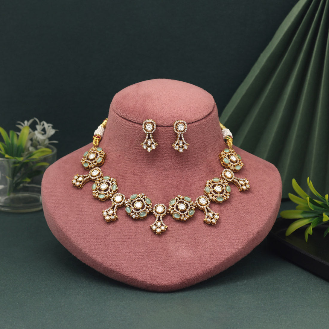 Pista Green Color American Diamond Necklace Set With Subtle Radiant Finish - Preyans.com