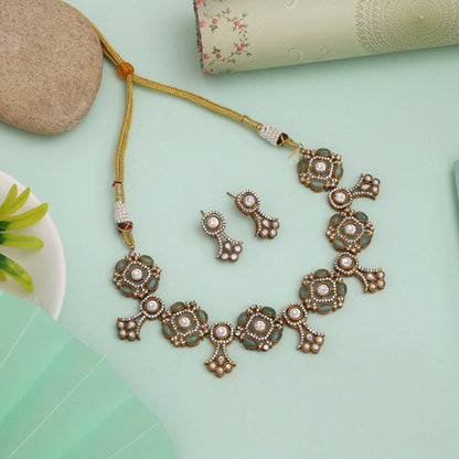 Pista Green Color American Diamond Necklace Set With Subtle Radiant Finish - Preyans.com