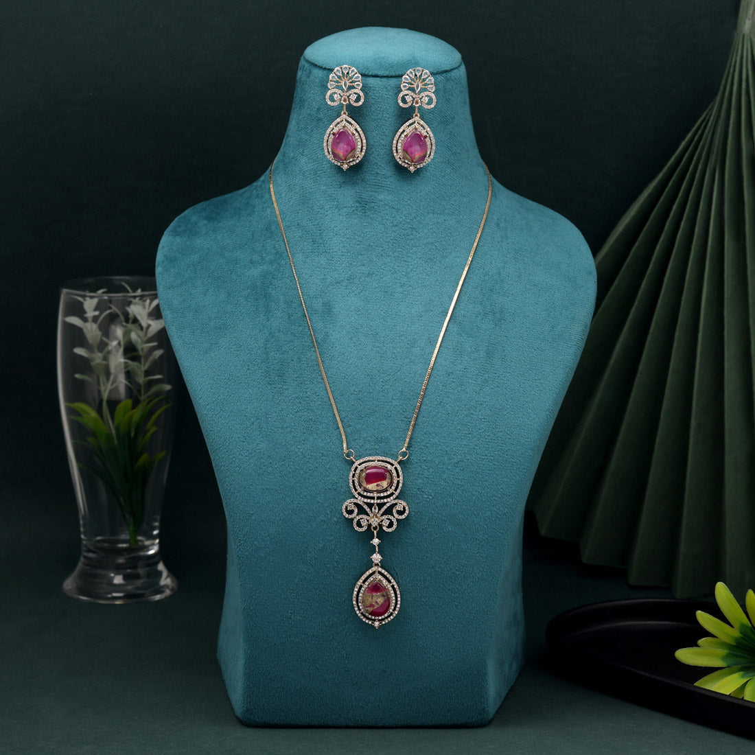 Rani Color American Diamond Necklace Set With Royal Traditional Design Appeal - Preyans.com