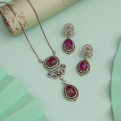 Rani Color American Diamond Necklace Set With Royal Traditional Design Appeal - Preyans.com