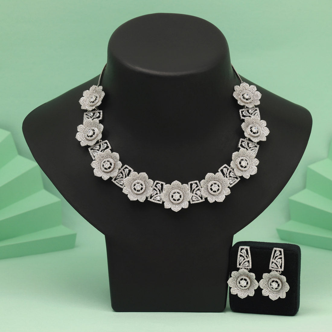 Silver Color American Diamond Necklace Set Designed For Evening Glamorous Occasions - Preyans.com