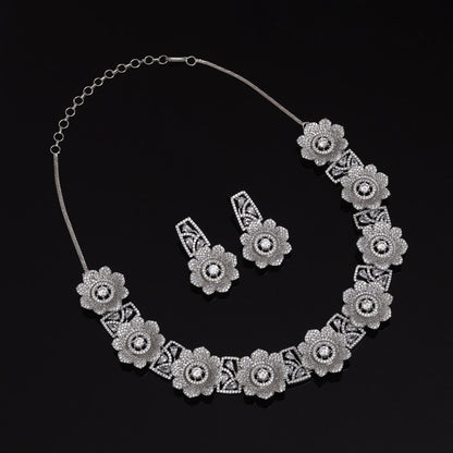 Silver Color American Diamond Necklace Set Designed For Evening Glamorous Occasions - Preyans.com