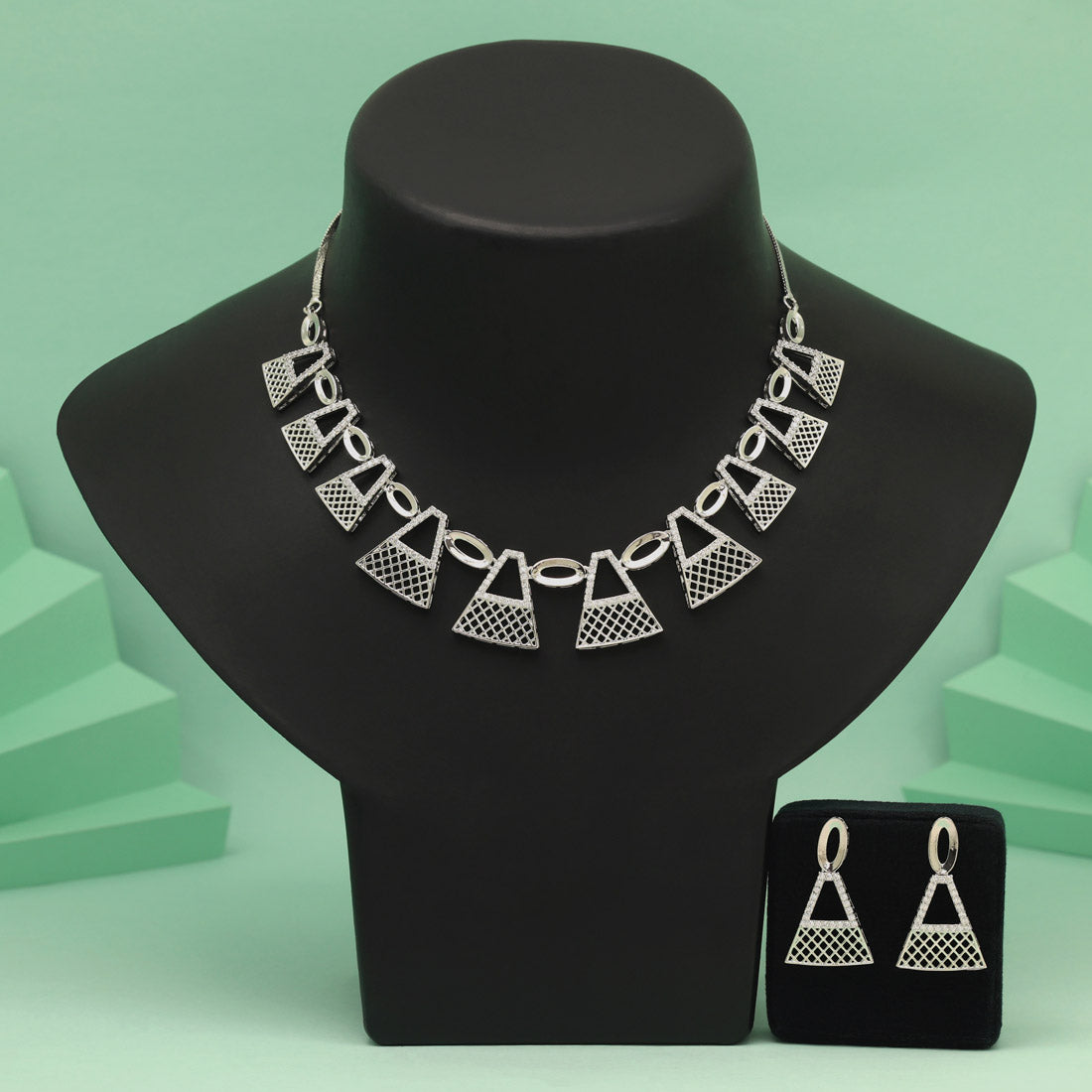Silver Color American Diamond Necklace Set With High Shine And Smooth Texture - Preyans.com