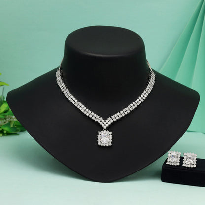 Silver Color American Diamond Necklace Set With Luxurious Shine And Crystal Touch - Preyans.com