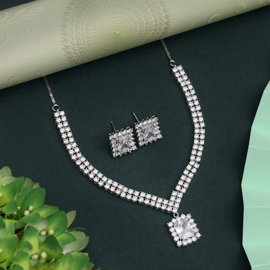 Silver Color American Diamond Necklace Set With Luxurious Shine And Crystal Touch - Preyans.com