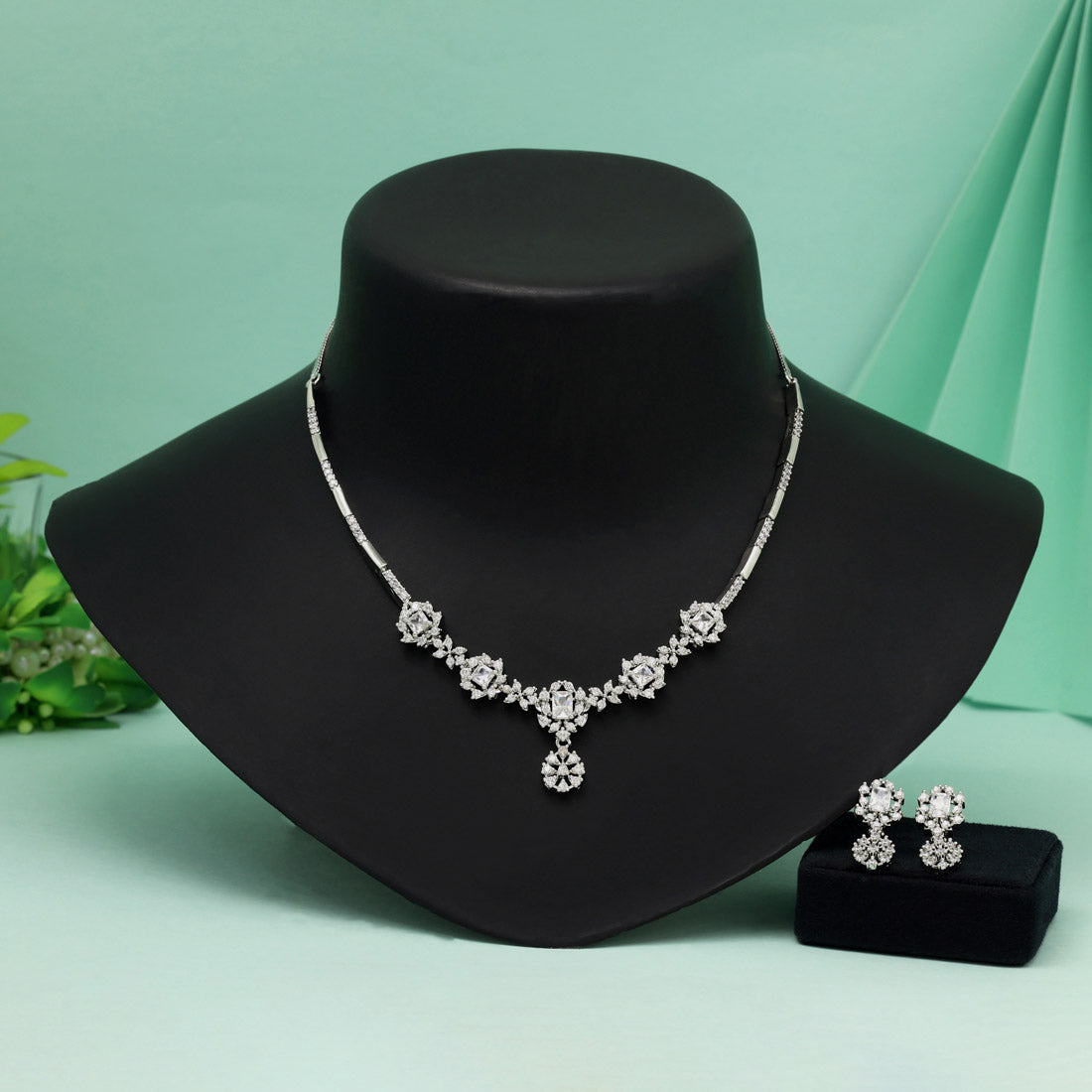 Silver Color American Diamond Necklace Set Reflecting Festive Spirit And Grace - Preyans.com