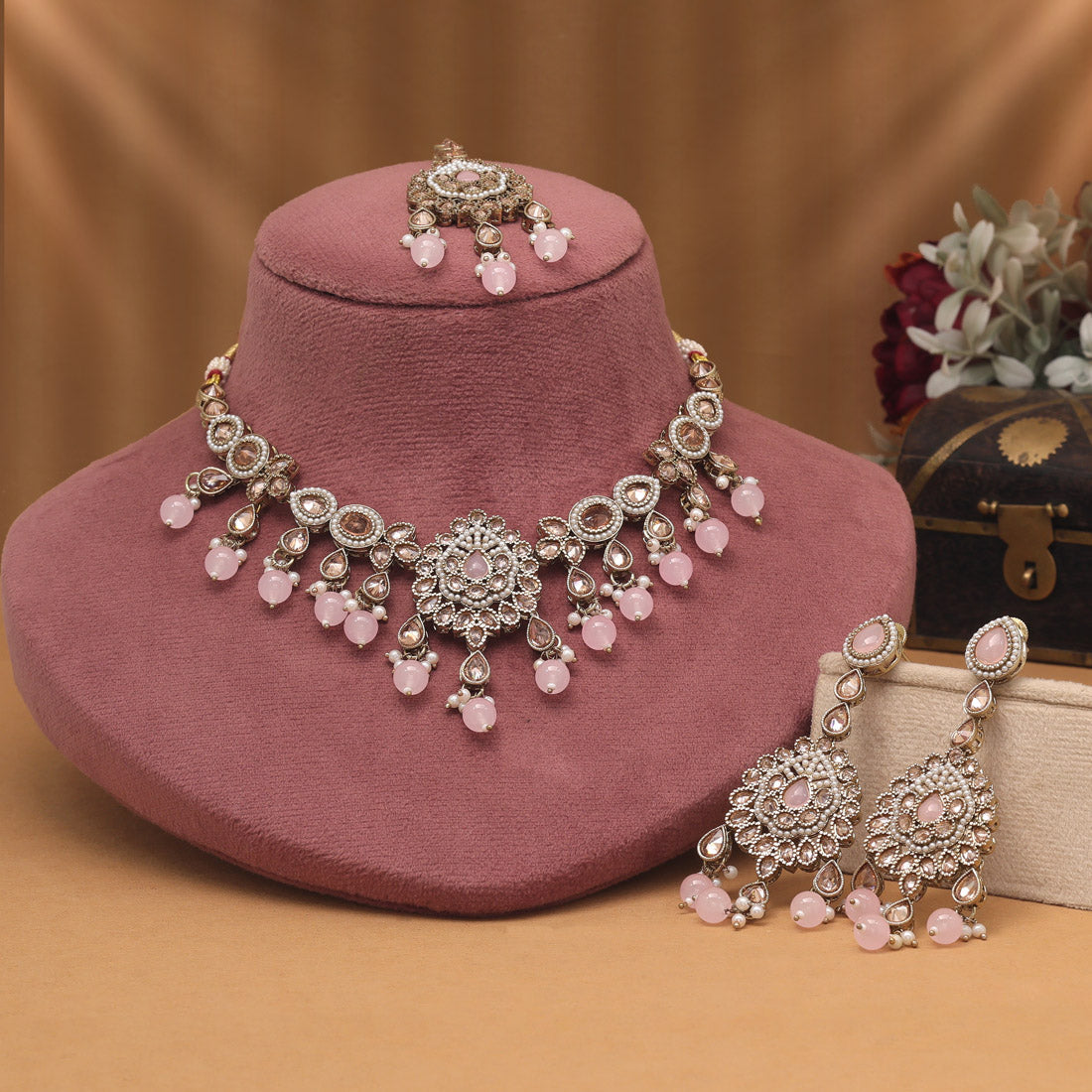 Chic Pink Color American Diamond Necklaces Set With Modern Design Aesthetics - Preyans.com