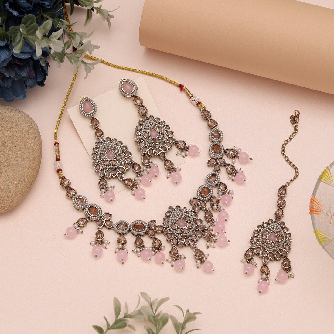 Chic Pink Color American Diamond Necklaces Set With Modern Design Aesthetics - Preyans.com