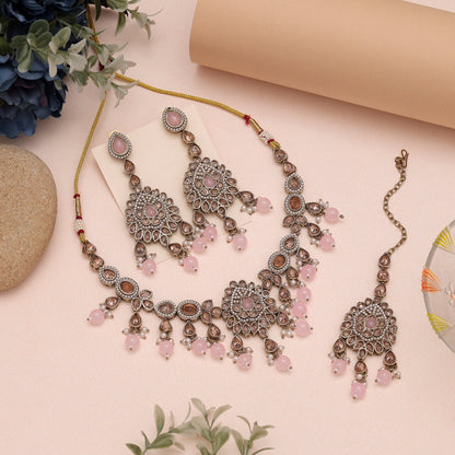 Chic Pink Color American Diamond Necklaces Set With Modern Design Aesthetics - Preyans.com