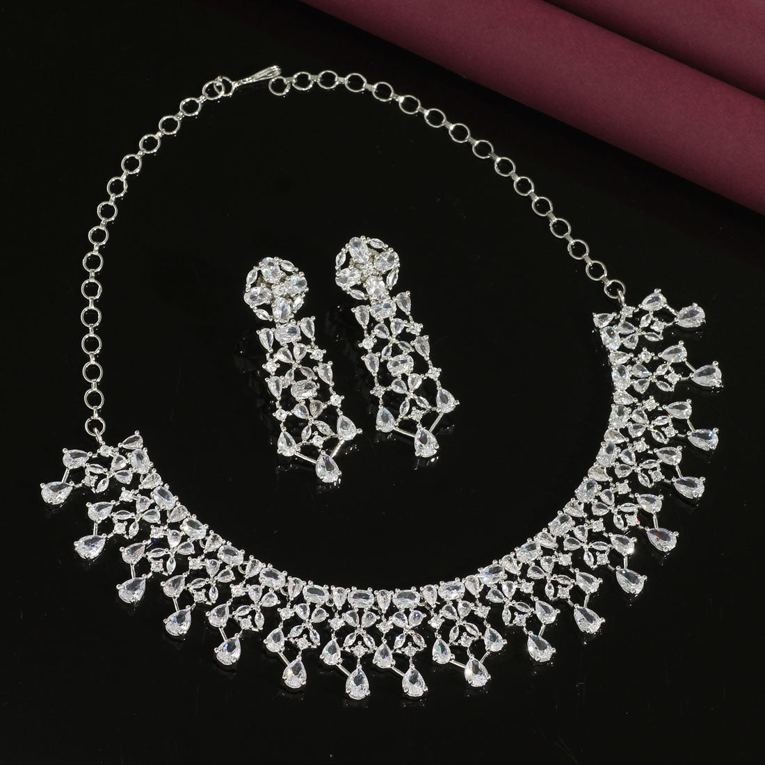 Silver Color Premium American Diamond Necklace Set (CZN593SLV) - Preyans.com