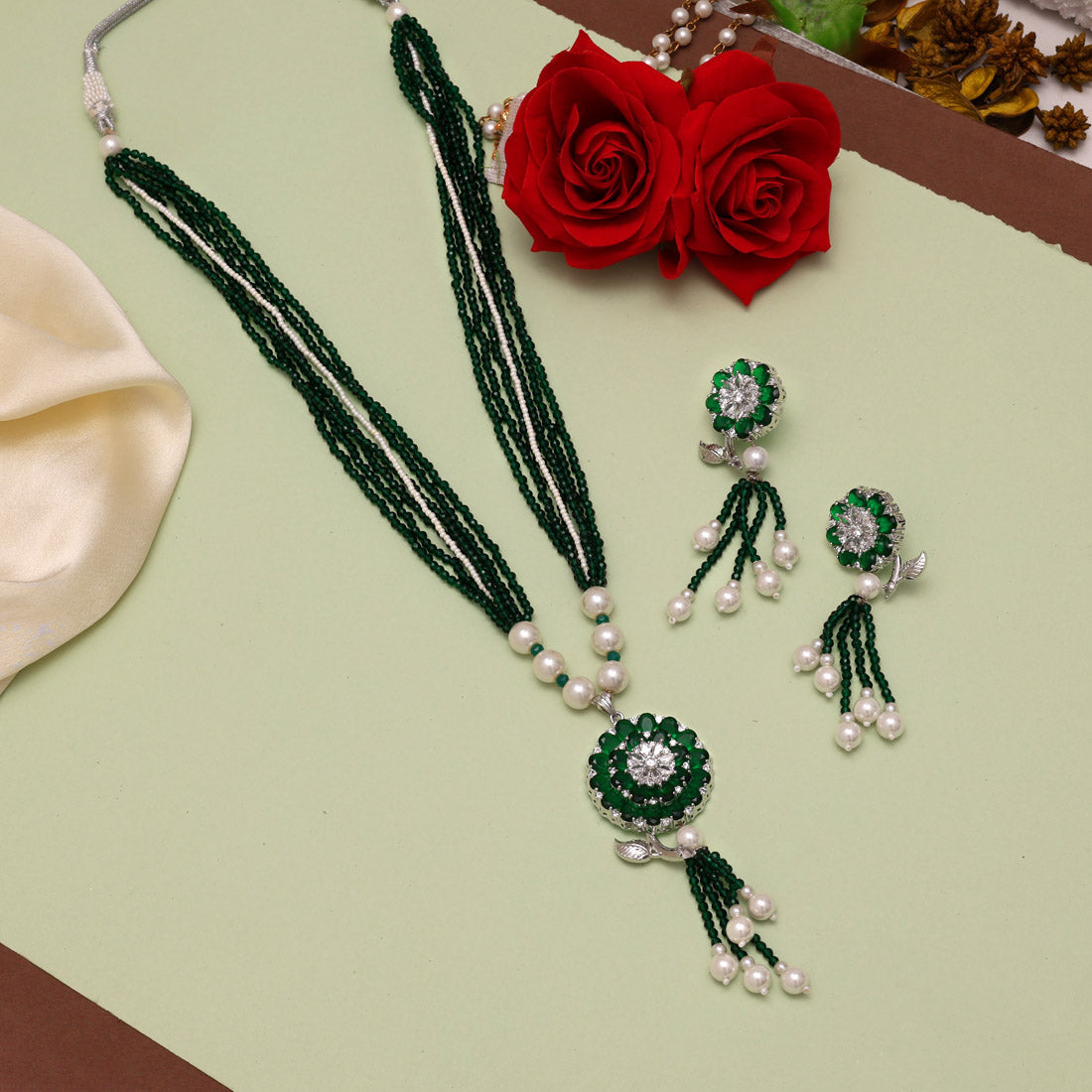 Green Color American Diamond Necklace Set (CZN890GRN) - preyans.com