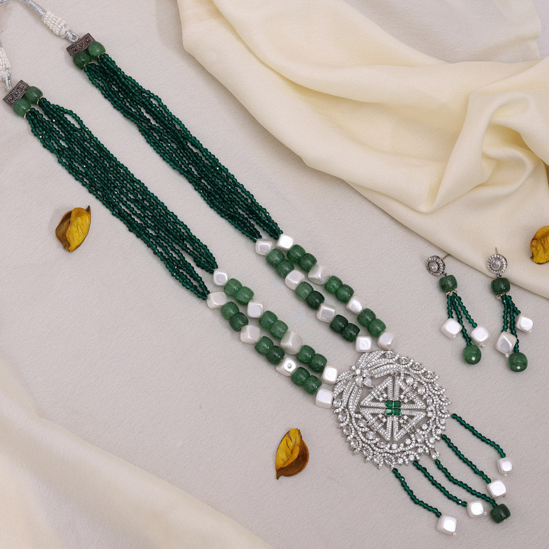 Green Color American Diamond Necklace Set (CZN892GRN) - preyans.com