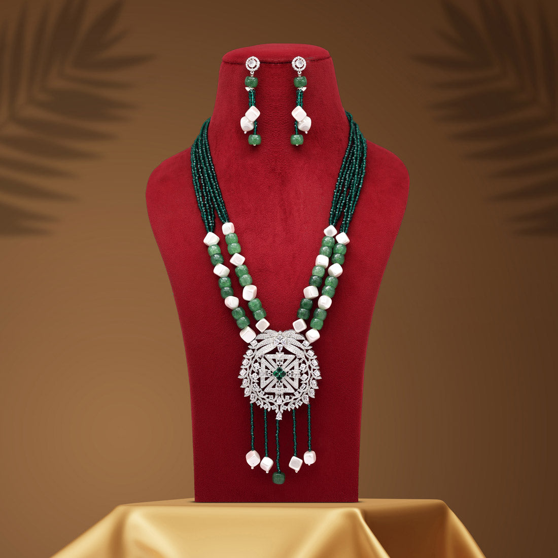 Green Color American Diamond Necklace Set (CZN892GRN) - preyans.com