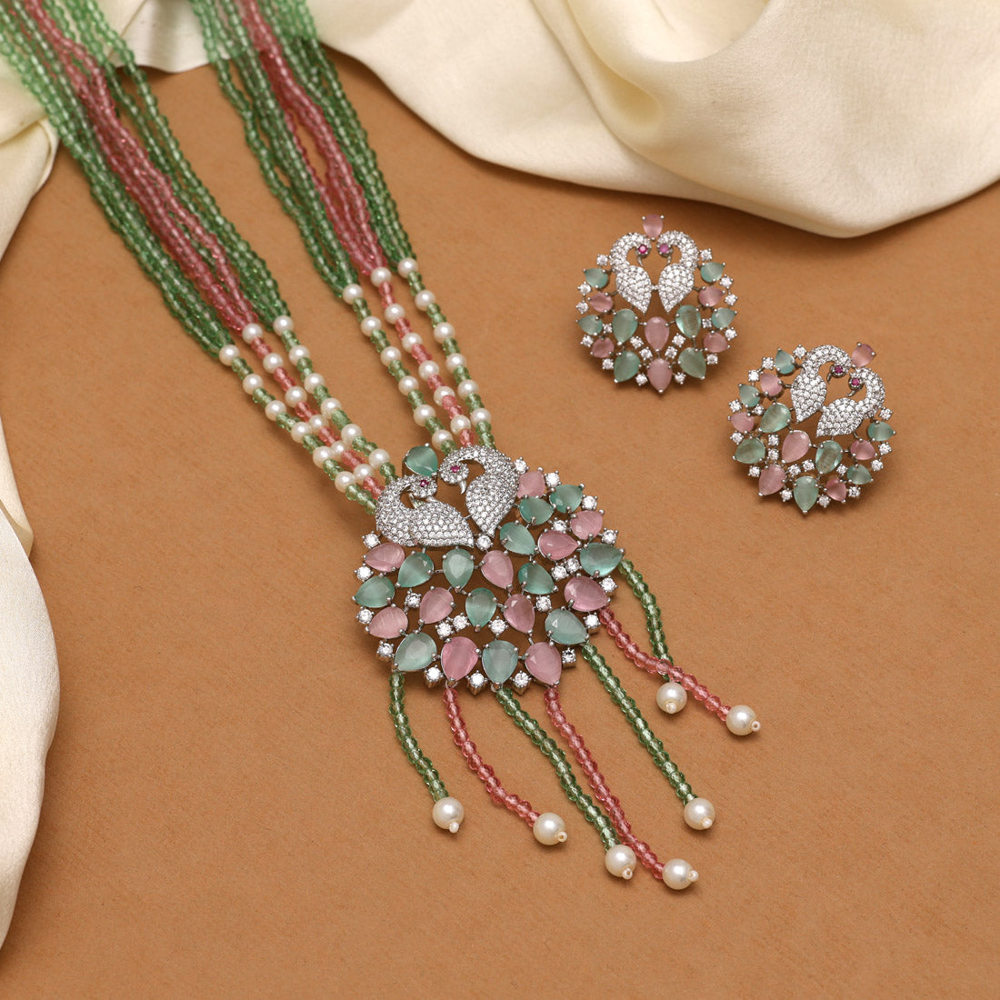 Pink & Pista Green Color American Diamond Necklace Set (CZN894PNKPGRN) - preyans.com