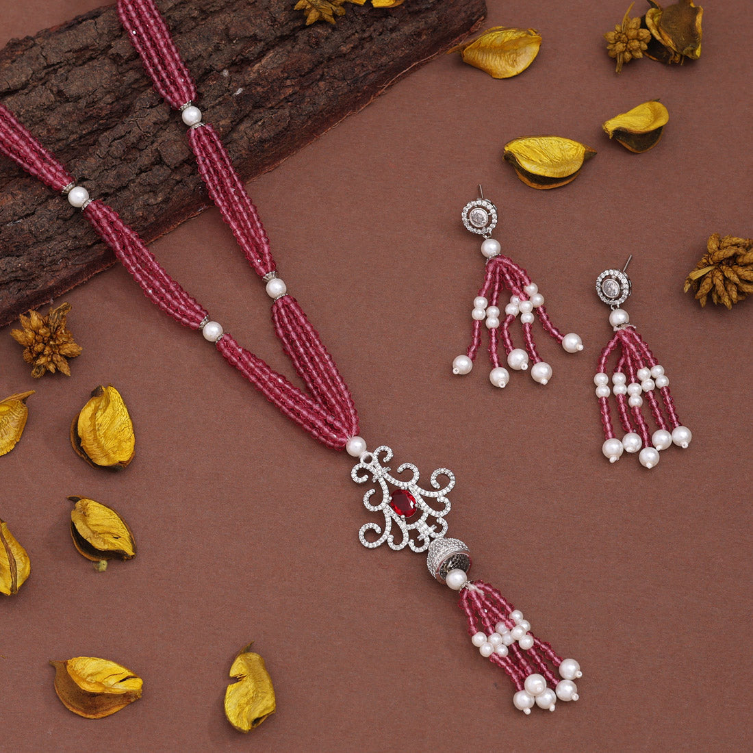 Magenta Color American Diamond Necklace Set (CZN895MNT) - preyans.com