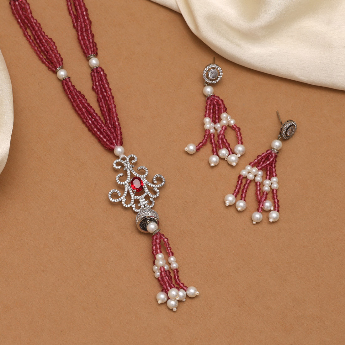 Magenta Color American Diamond Necklace Set (CZN895MNT) - preyans.com