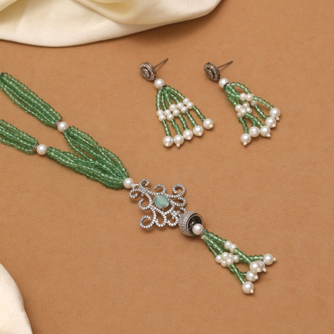 Pista Green Color American Diamond Necklace Set (CZN895PGRN) - preyans.com