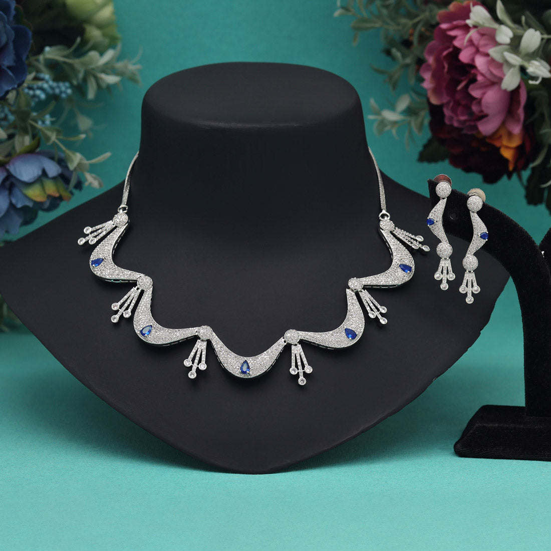 Blue Color American Diamond Necklace Set (CZN901BLU) - preyans.com