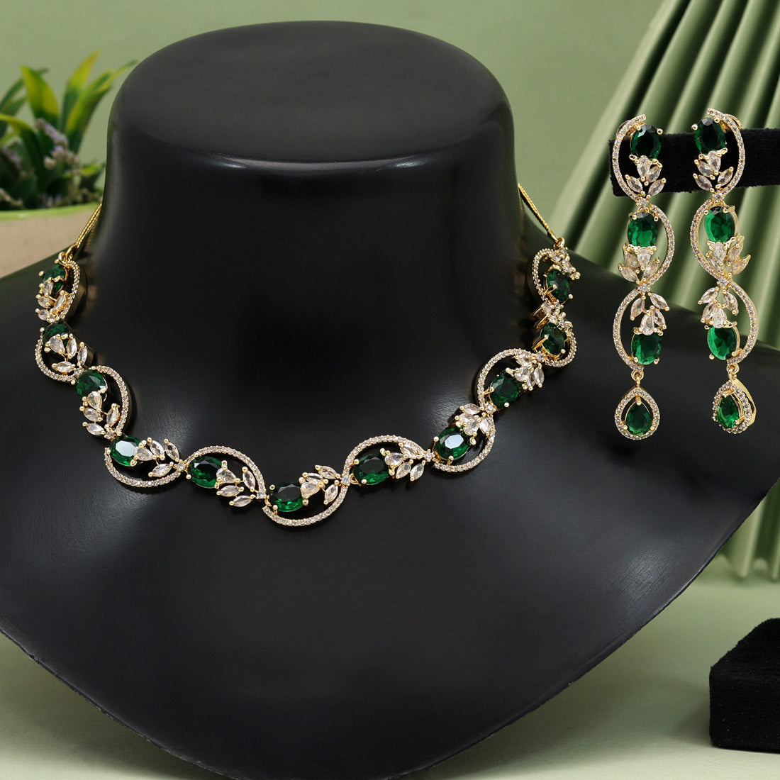 Green Color American Diamond Necklace Set (CZN919GRN) - Preyans.com