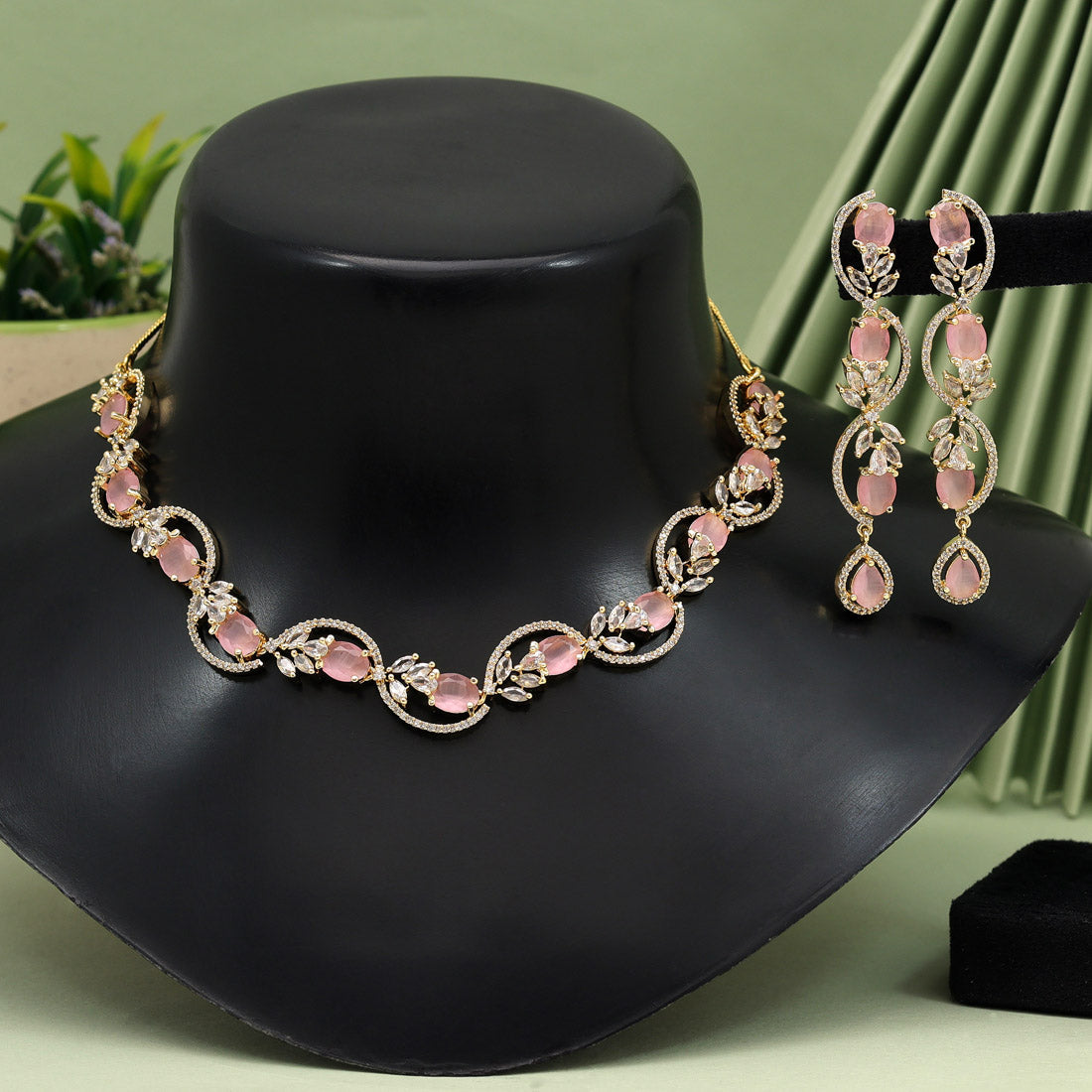 Pink Color American Diamond Necklace Set (CZN919PNK) - Preyans.com