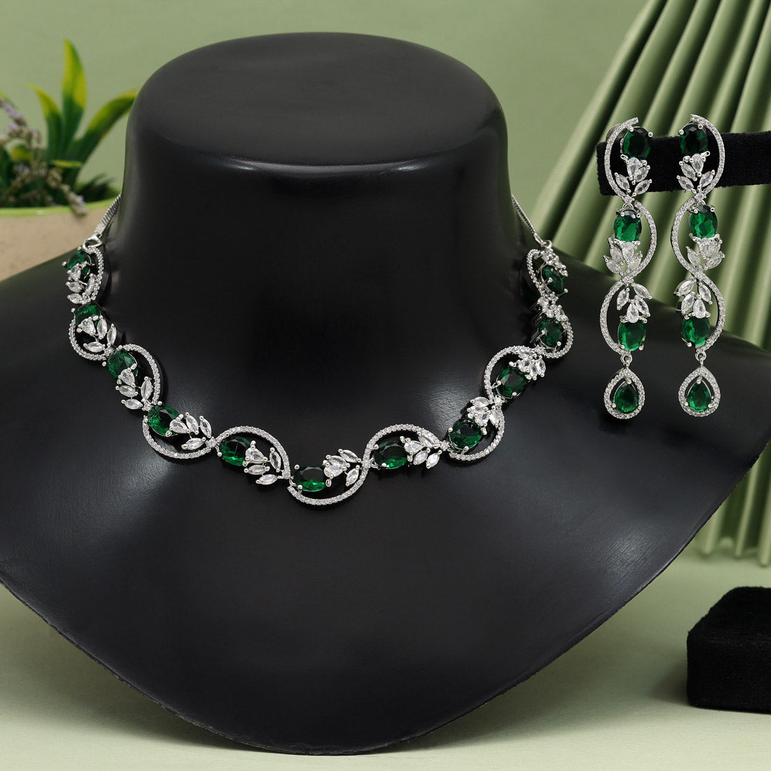 Green Color American Diamond Necklace Set (CZN920GRN) - Preyans.com