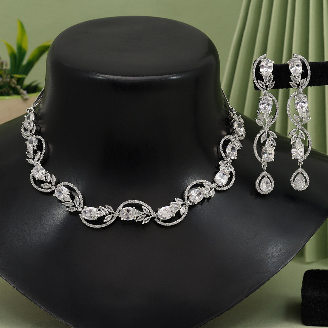 Silver Color American Diamond Necklace Set (CZN920SLV) - Preyans.com