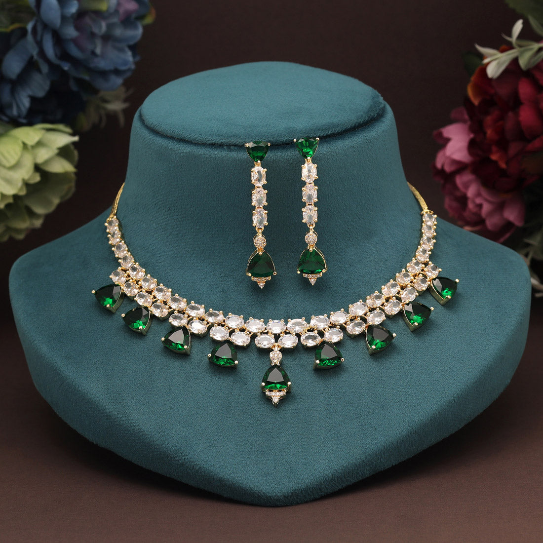 Green Color American Diamond Necklace Set (CZN921GRN) - Preyans.com