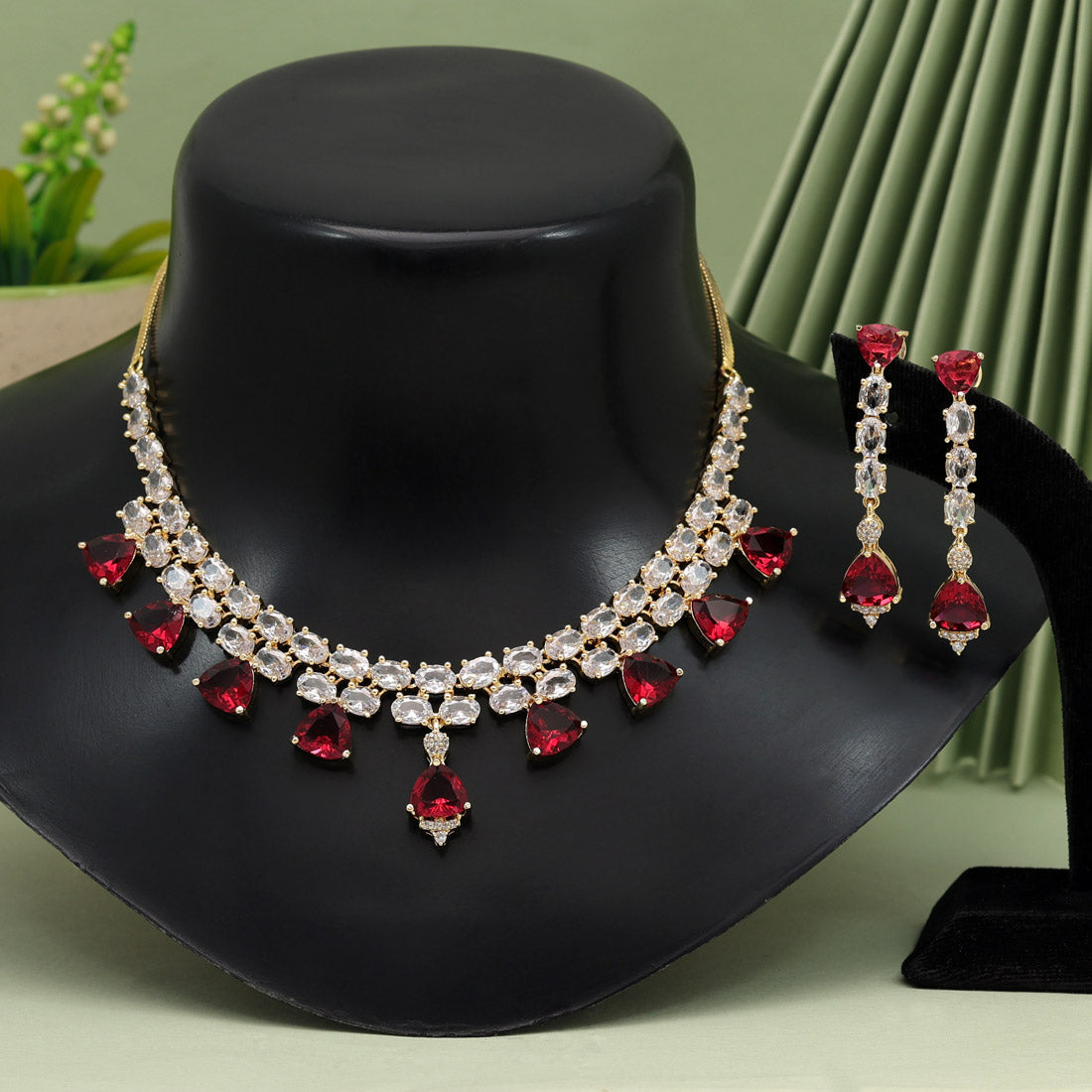 Ruby Color American Diamond Necklace Set (CZN921RUBY) - Preyans.com