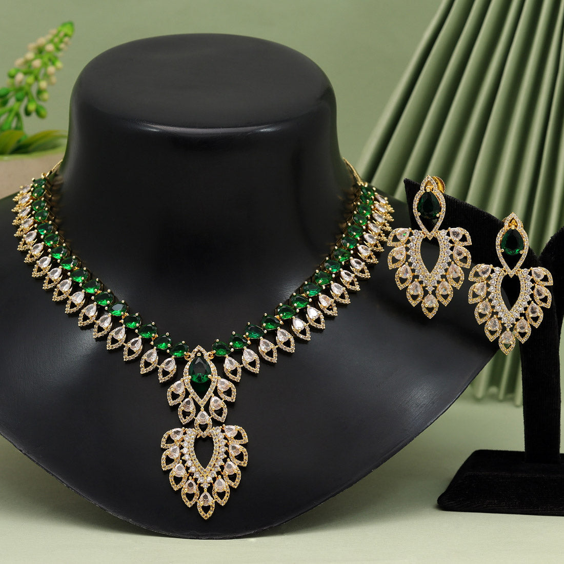 Green Color American Diamond Necklace Set (CZN922GRN) - preyans.com