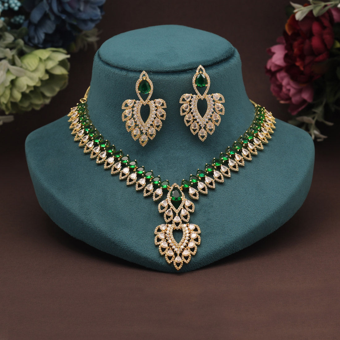 Green Color American Diamond Necklace Set (CZN922GRN) - preyans.com