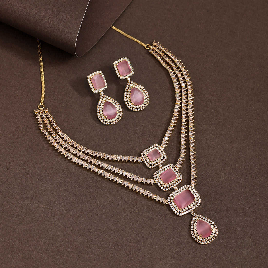 Pink Color American Diamond Necklace Set (CZN925PNK) - preyans.com