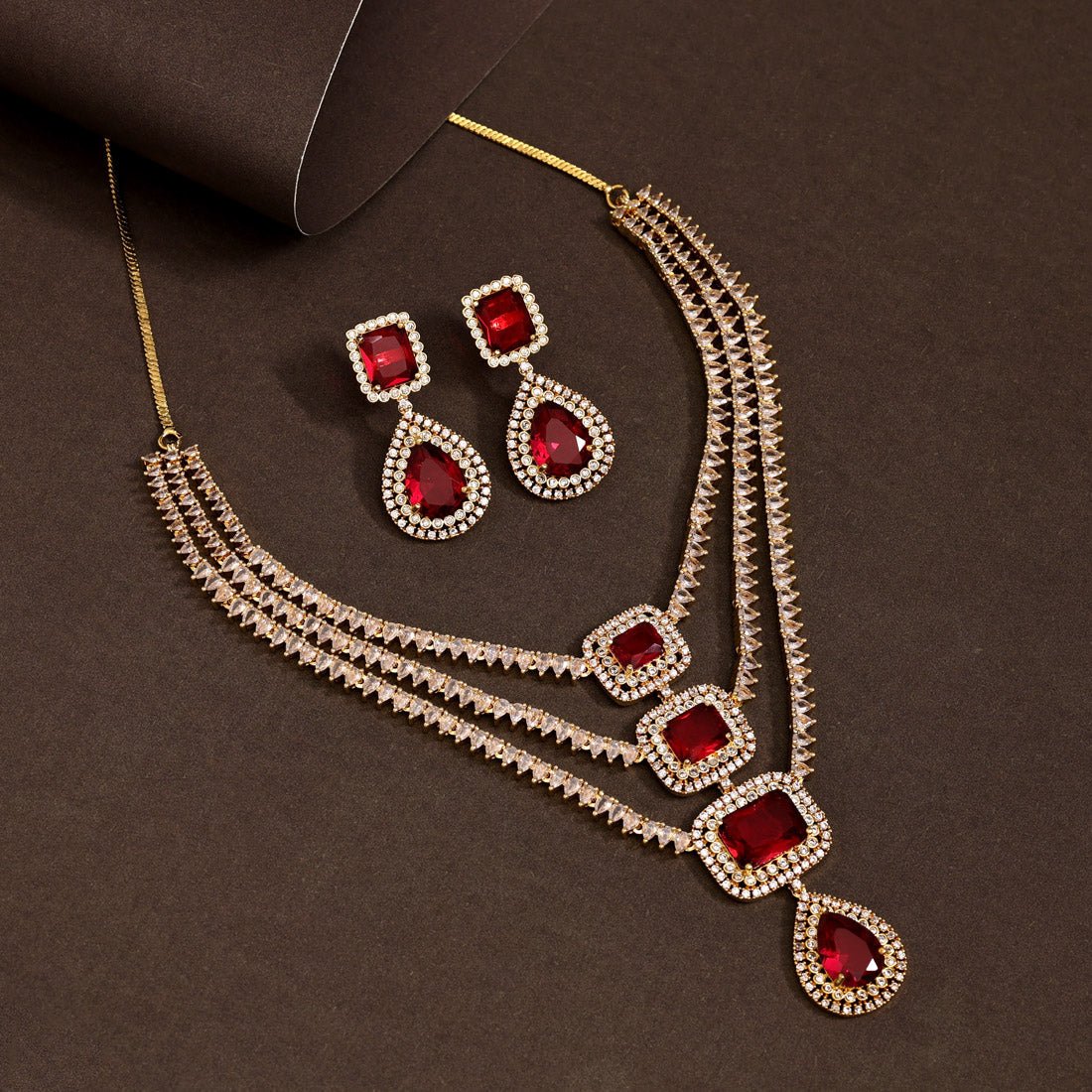 Ruby Color American Diamond Necklace Set (CZN925RUBY) - preyans.com