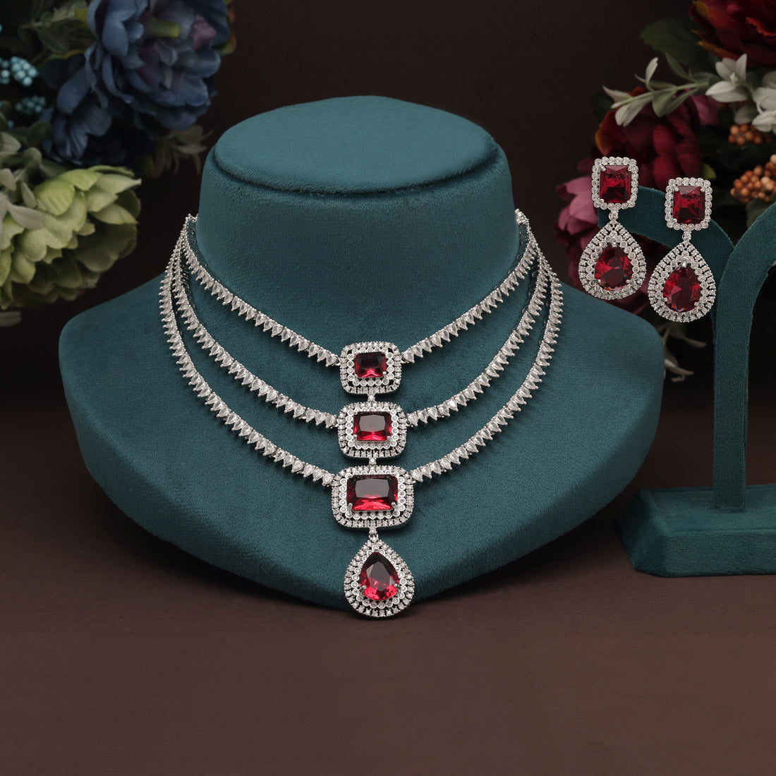 Ruby Color American Diamond Necklace Set (CZN926RUBY) - preyans.com