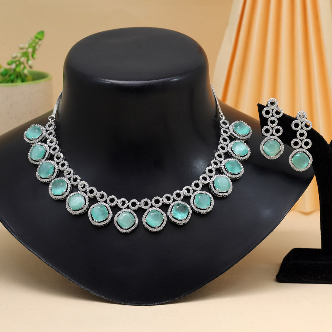 Pista Green Color American Diamond Necklace Set (CZN935PGRN) - preyans.com