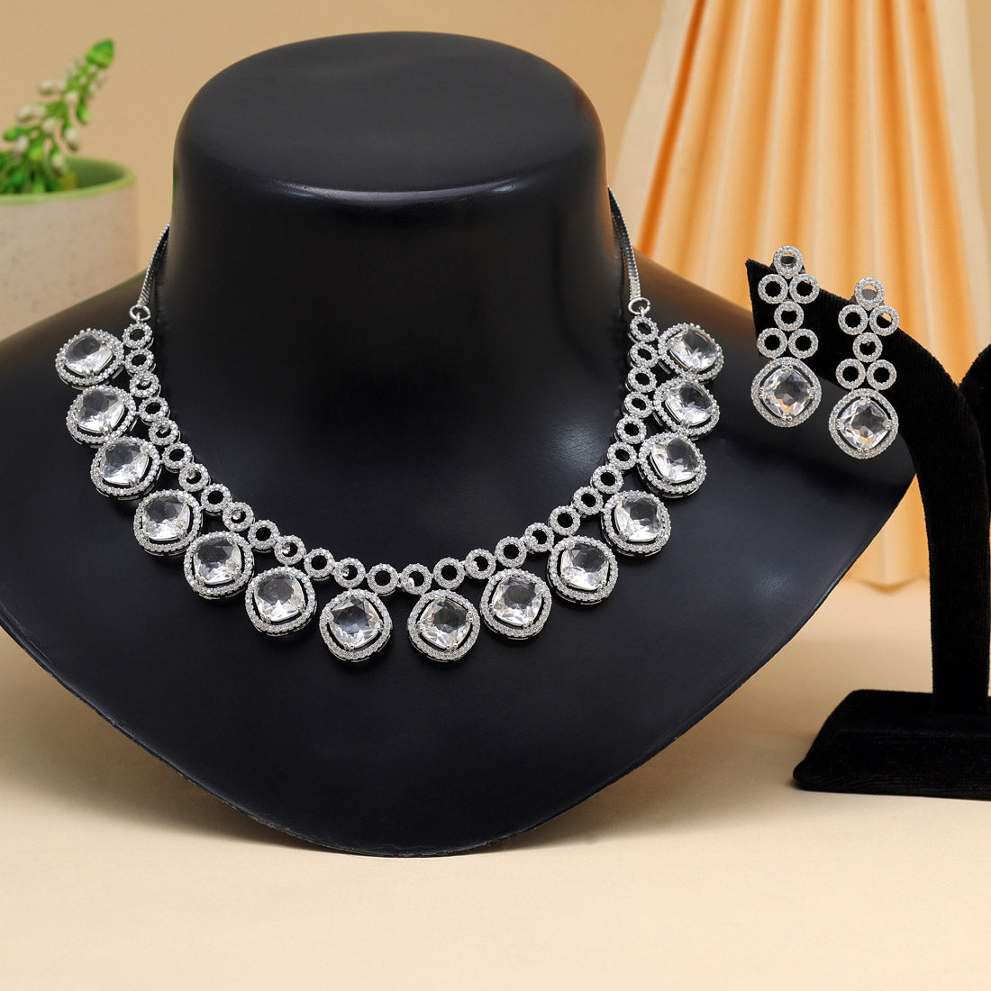 Silver Color American Diamond Necklace Set (CZN935SLV) - preyans.com