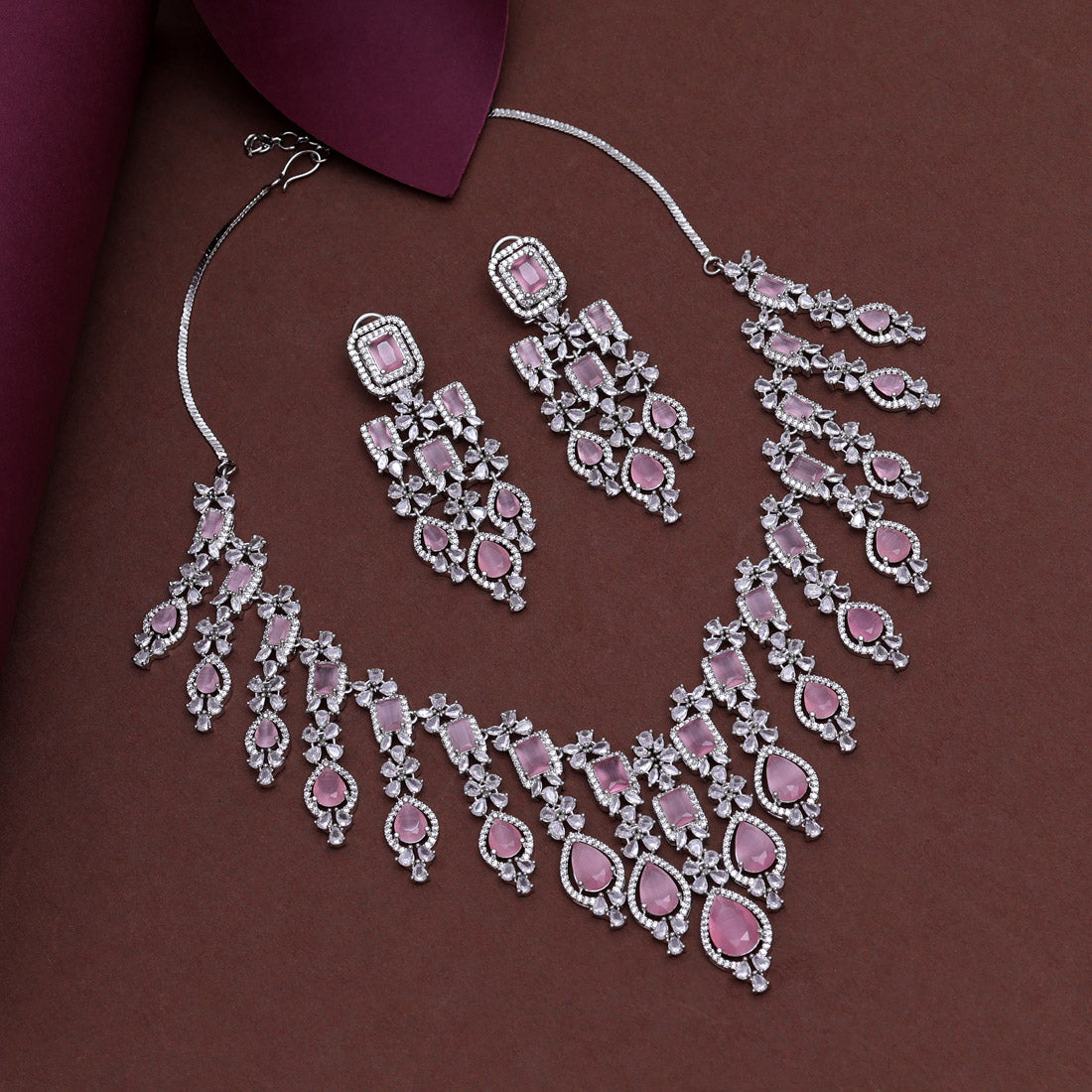 Pink Color American Diamond Necklace Set (CZN936PNK) - preyans.com