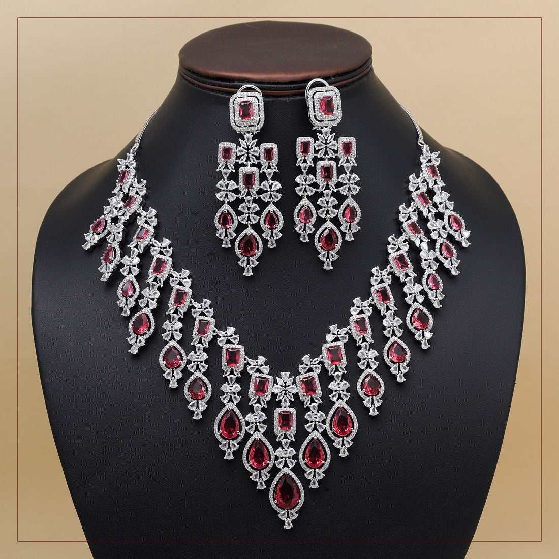 Ruby Color American Diamond Necklace Set (CZN936RUBY) - preyans.com