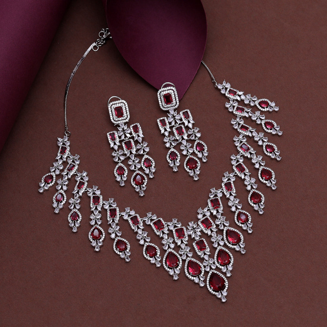 Ruby Color American Diamond Necklace Set (CZN936RUBY) - preyans.com