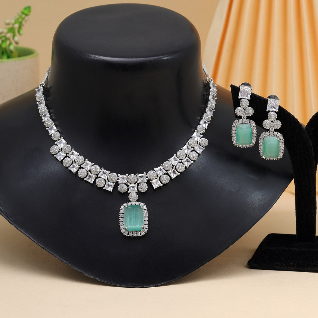 Pista Green Color American Diamond Necklace Set (CZN937PGRN) - preyans.com