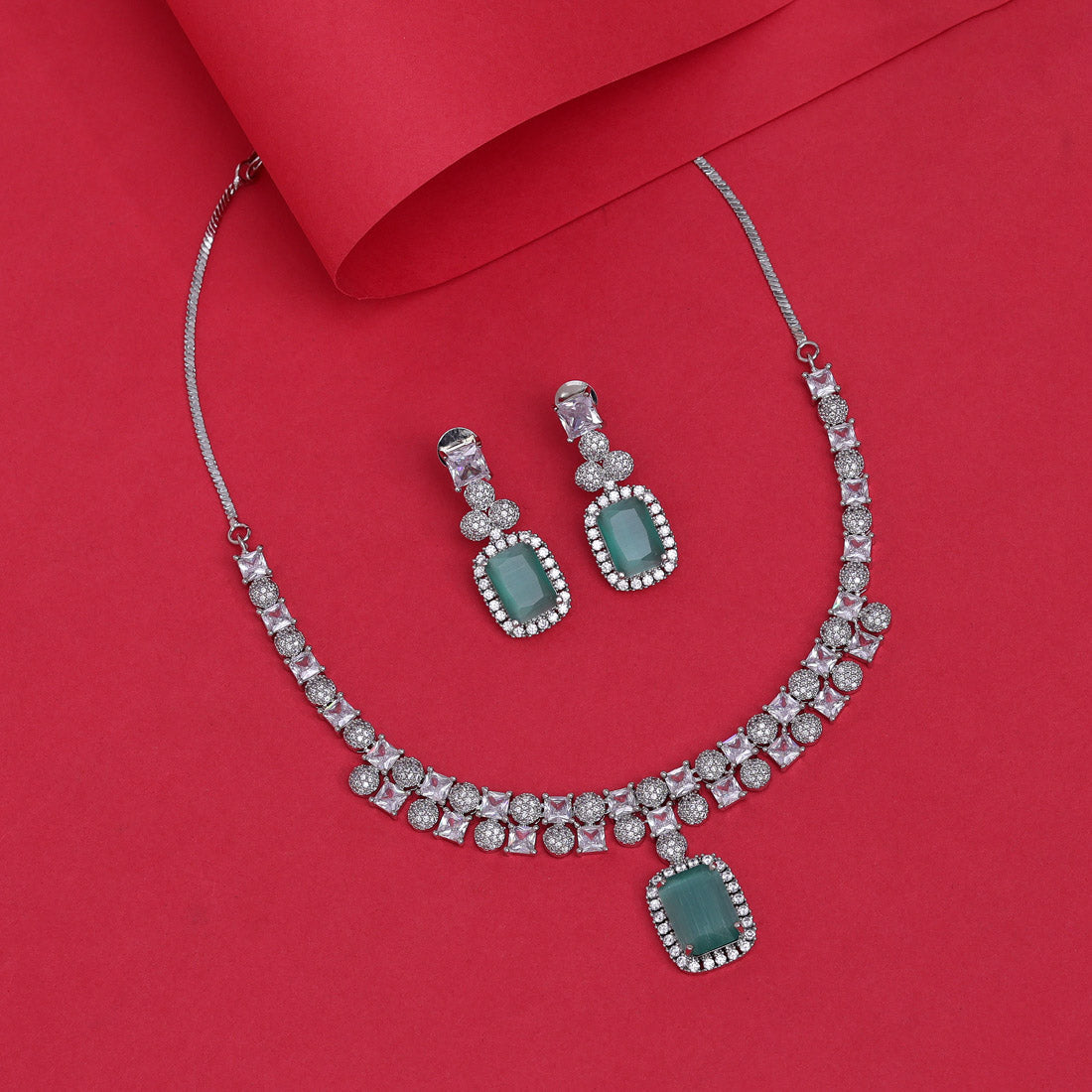 Pista Green Color American Diamond Necklace Set (CZN937PGRN) - preyans.com