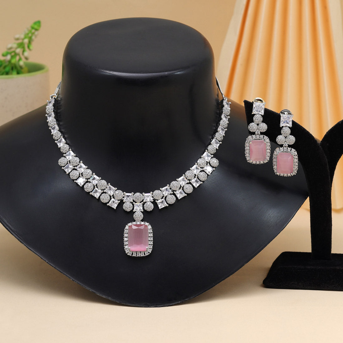 Pink Color American Diamond Necklace Set (CZN937PNK) - preyans.com