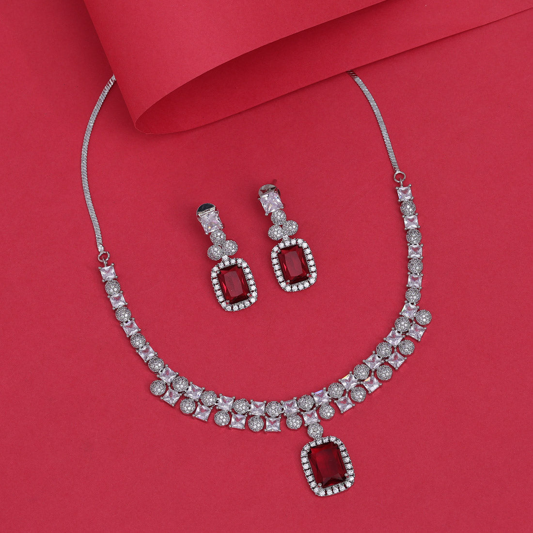 Ruby Color American Diamond Necklace Set (CZN937RUBY) - preyans.com