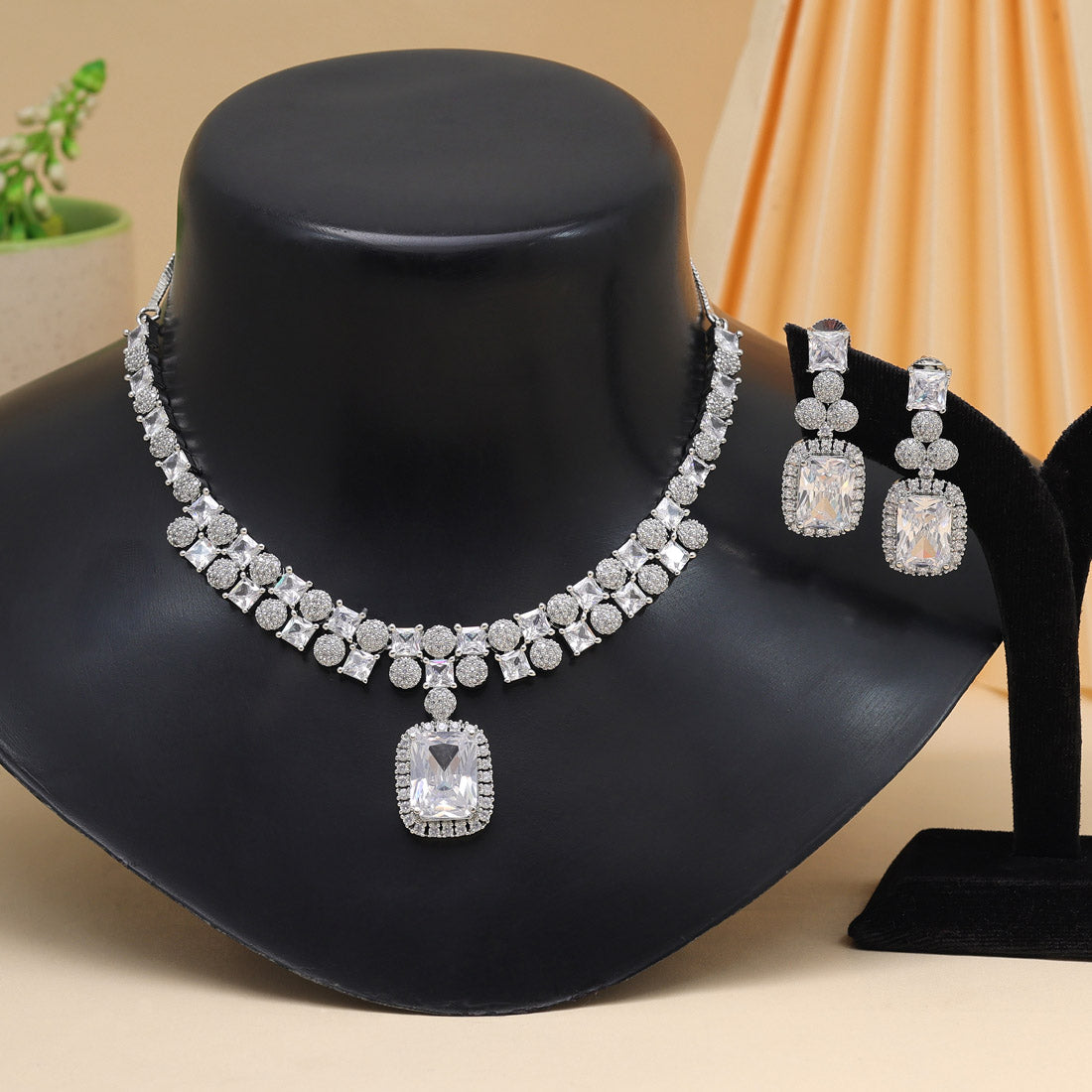 Silver Color American Diamond Necklace Set (CZN937SLV) - preyans.com