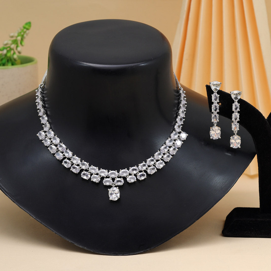 Silver Color American Diamond Necklace Set (CZN942SLV) - preyans.com