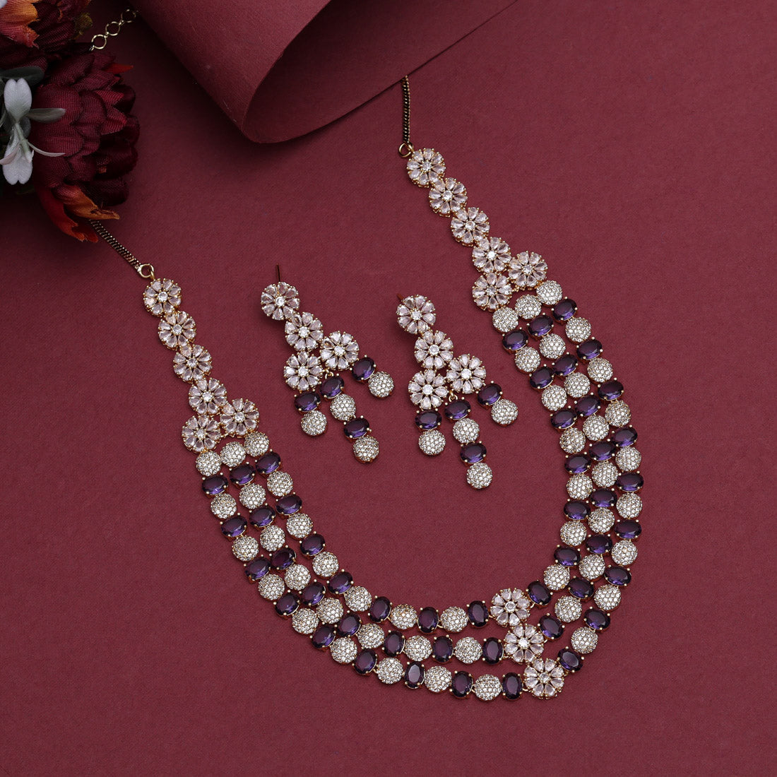 Purple Color American Diamond Necklace Set (CZN945PRP) - preyans.com