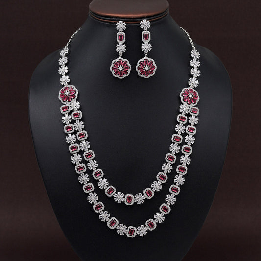 Ruby Color American Diamond Necklace Set (CZN952RUBY) - preyans.com