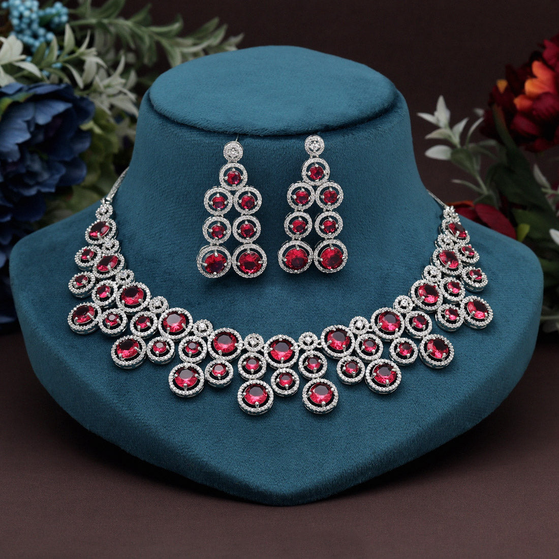 Ruby Color American Diamond Necklace Set (CZN953RUBY) - preyans.com