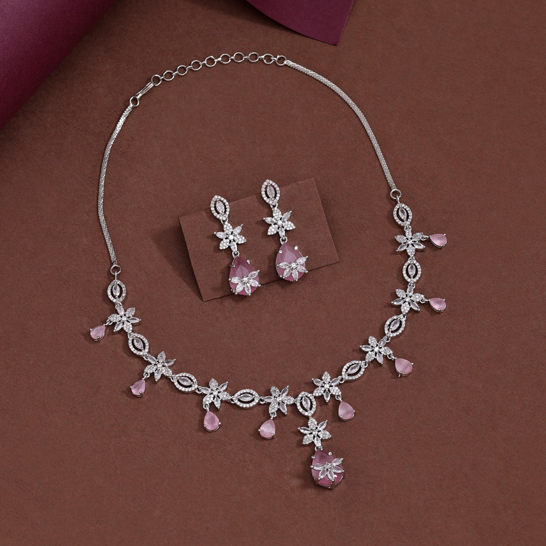 Pink Color American Diamond Necklace Set (CZN965PNK) - Preyans.com